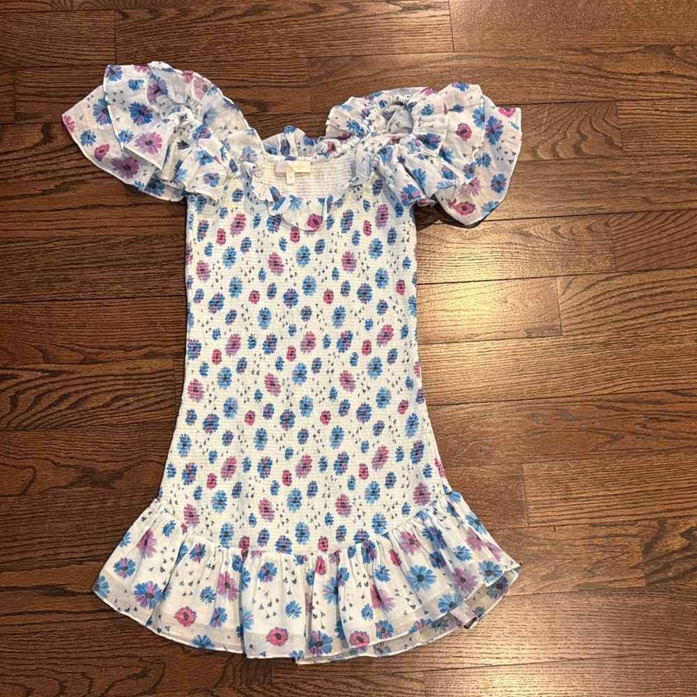LoveShackFancy Blue and Pink Floral Mini Dress